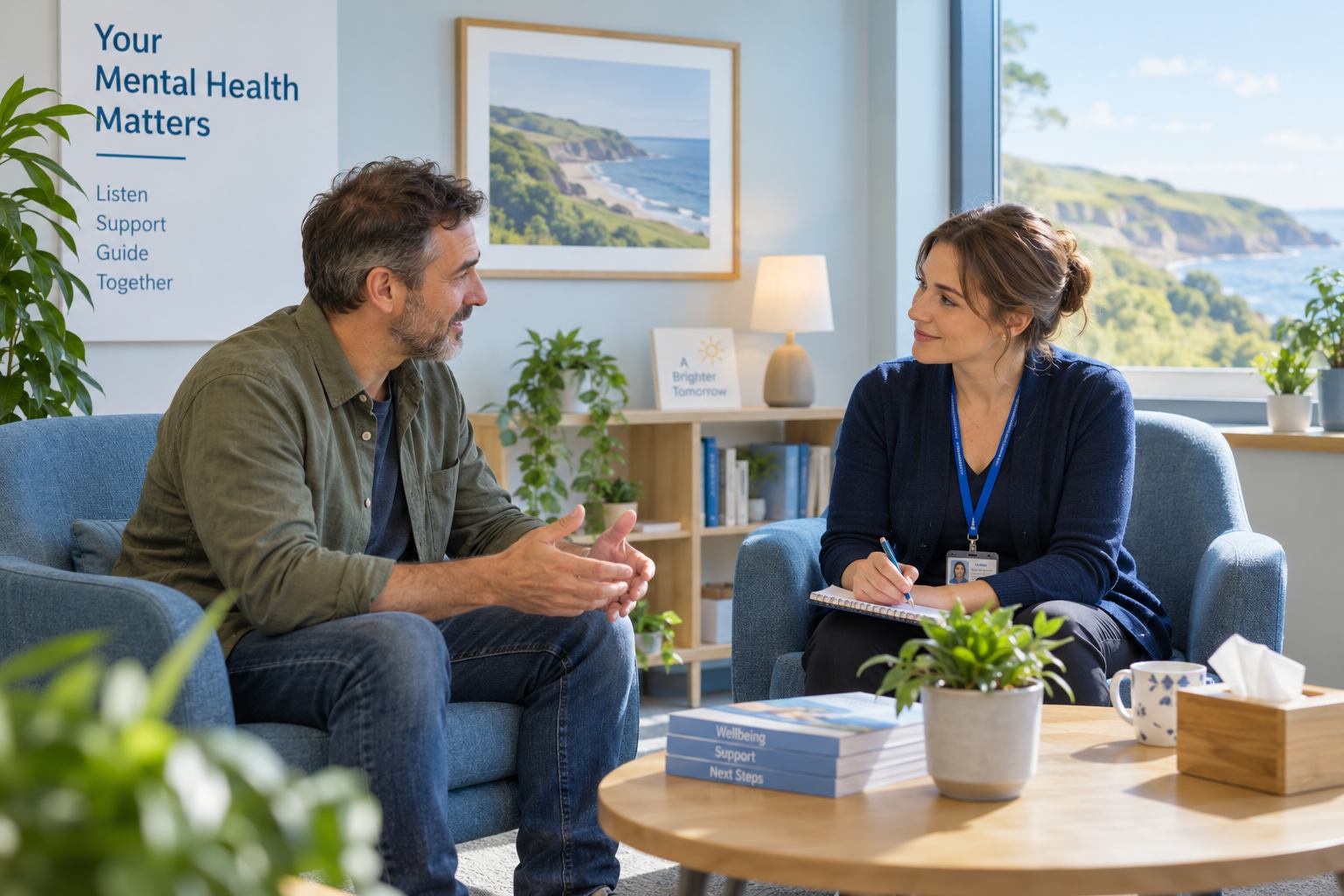 A patient having a supportive conversation about mental health