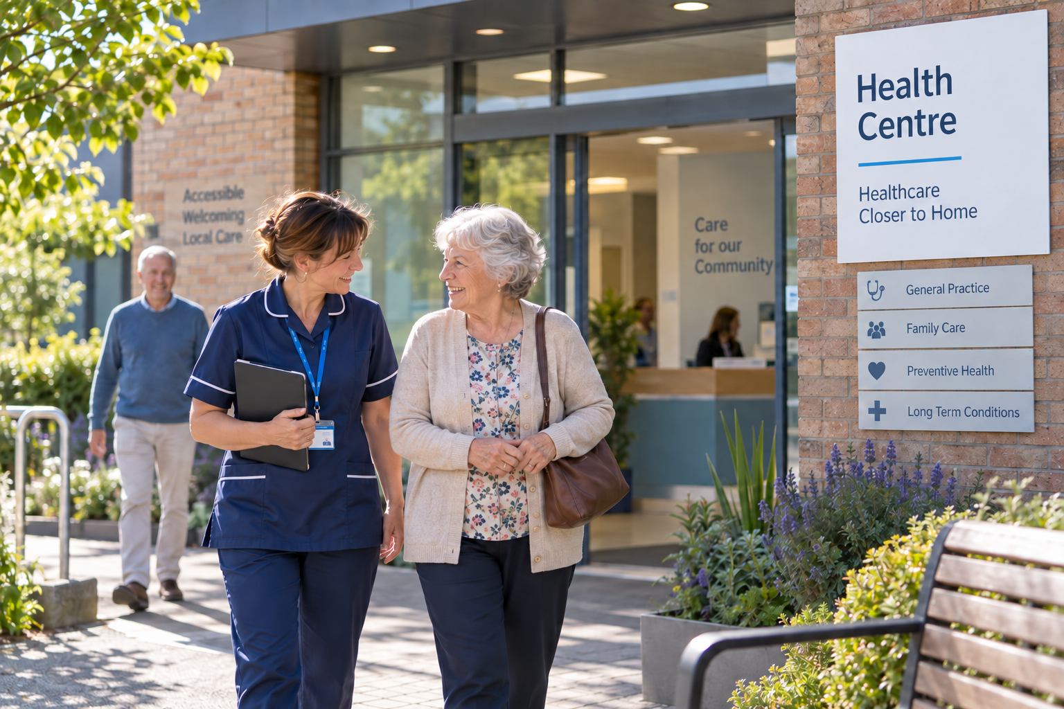 Nurse and patient outside health centre