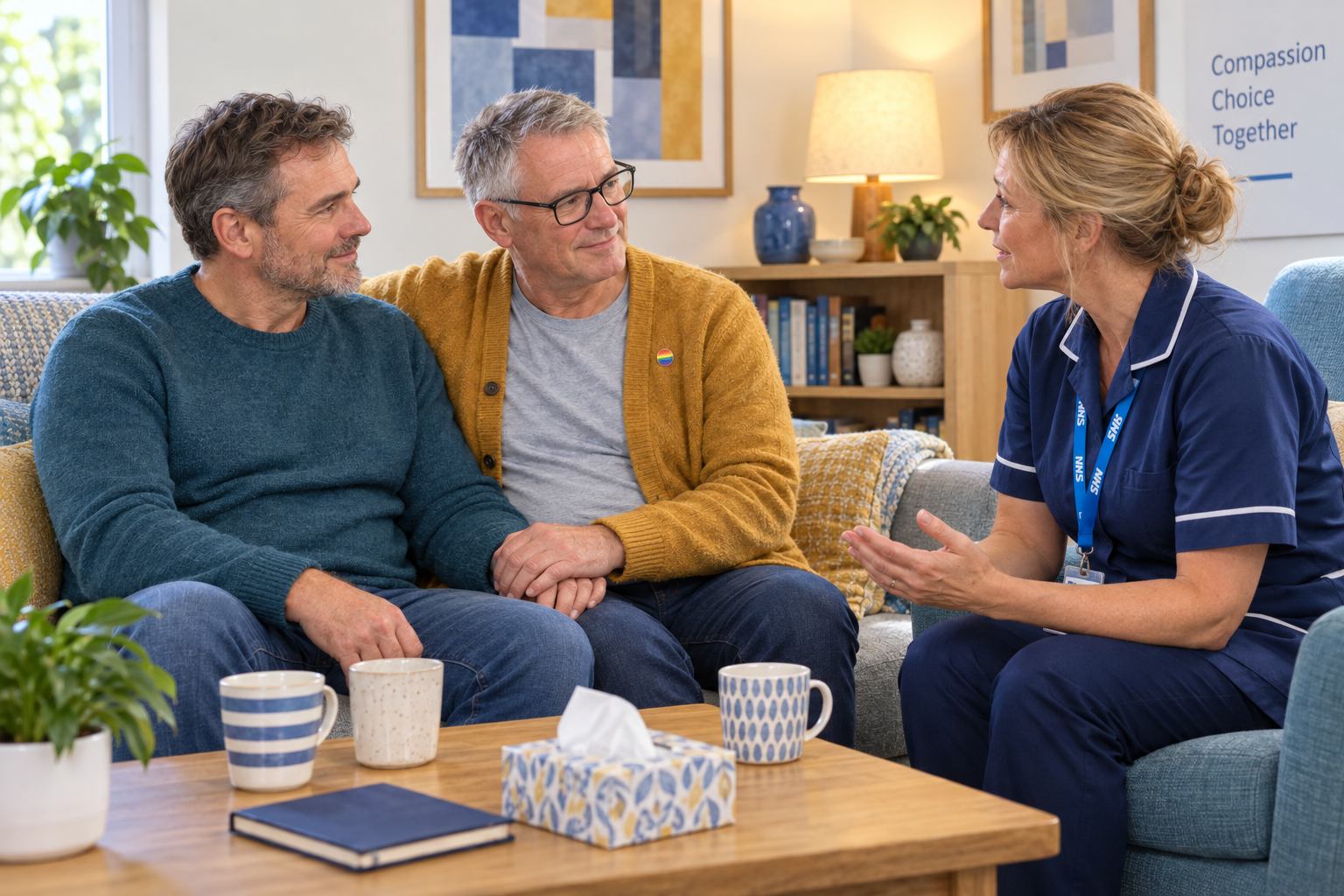 Person suffering with cancer supported by a friend and visiting nurse