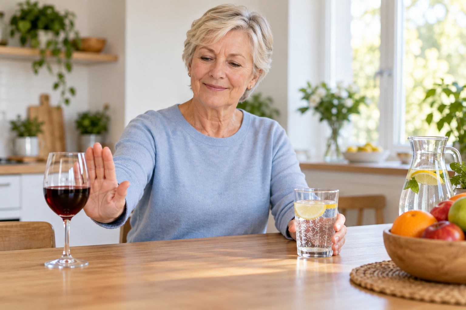 Lady at table indicating that she will not drink the glass of wine in front of her