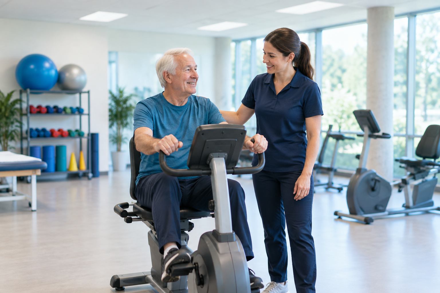 Elderly male sitting on exercise bike talking to gym assistant