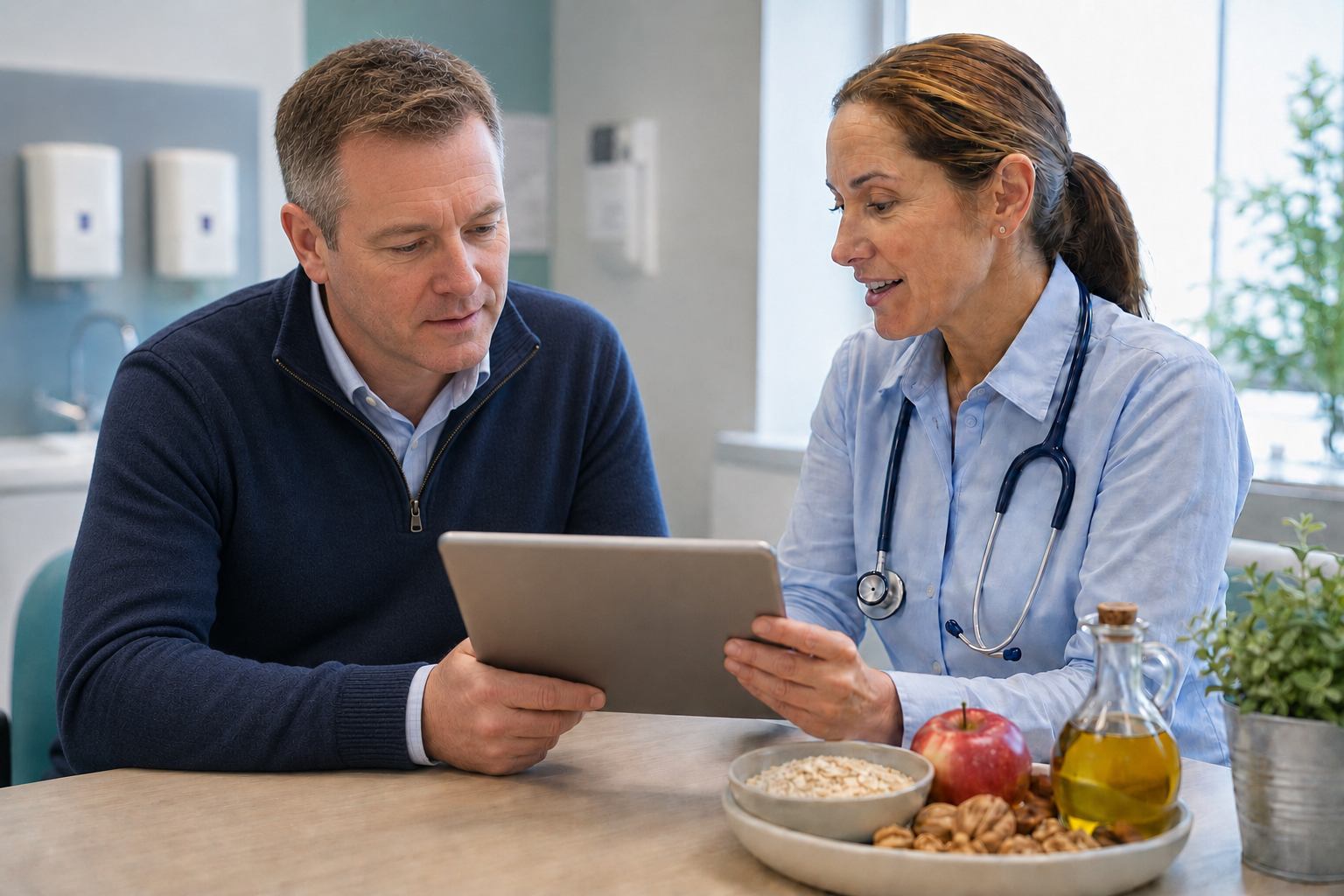 Consultation female GP and male patient -  on cholesterol