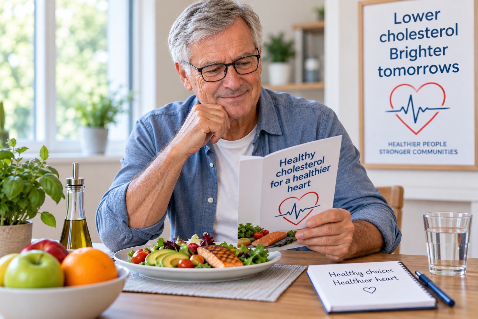Smiling male sitting at table reading a booklet on cholesterol