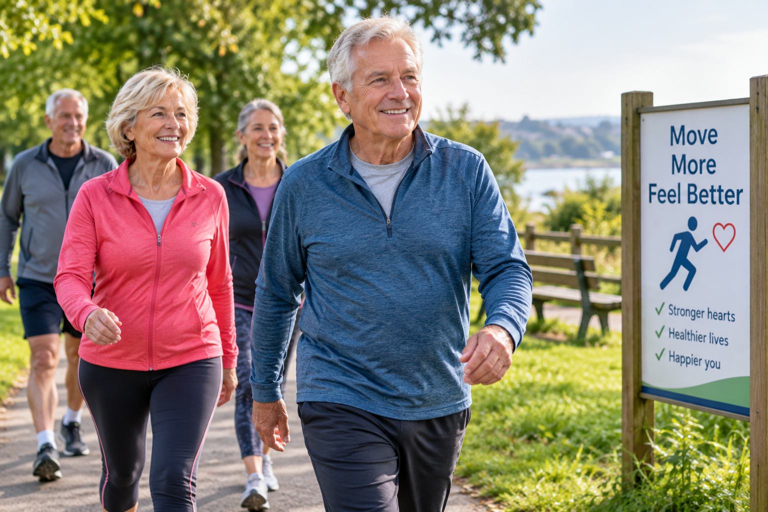 Group of elderly people walking along coastal path