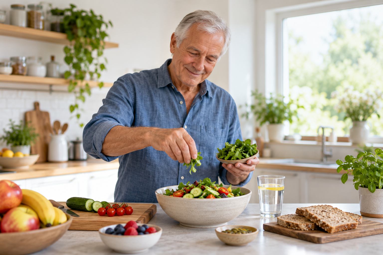 Happy male preparing a healthy salad