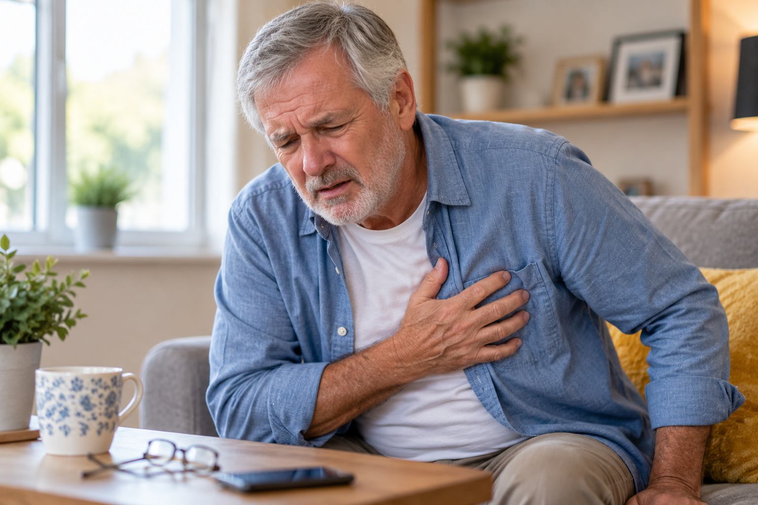 male sitting holding his chest in distress