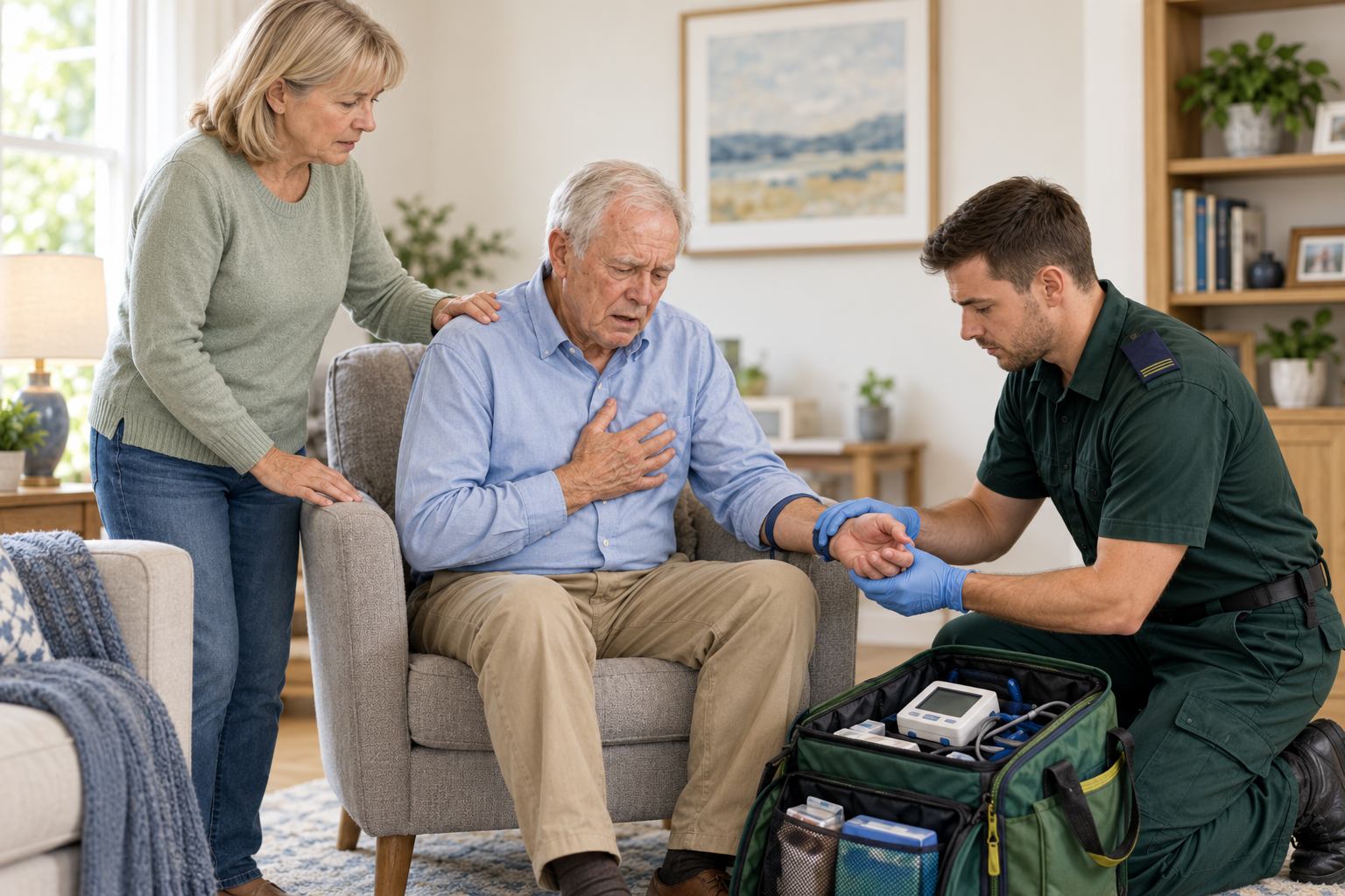 Older man with suspected heart attack being assessed by a paramedic while his wife looks on.