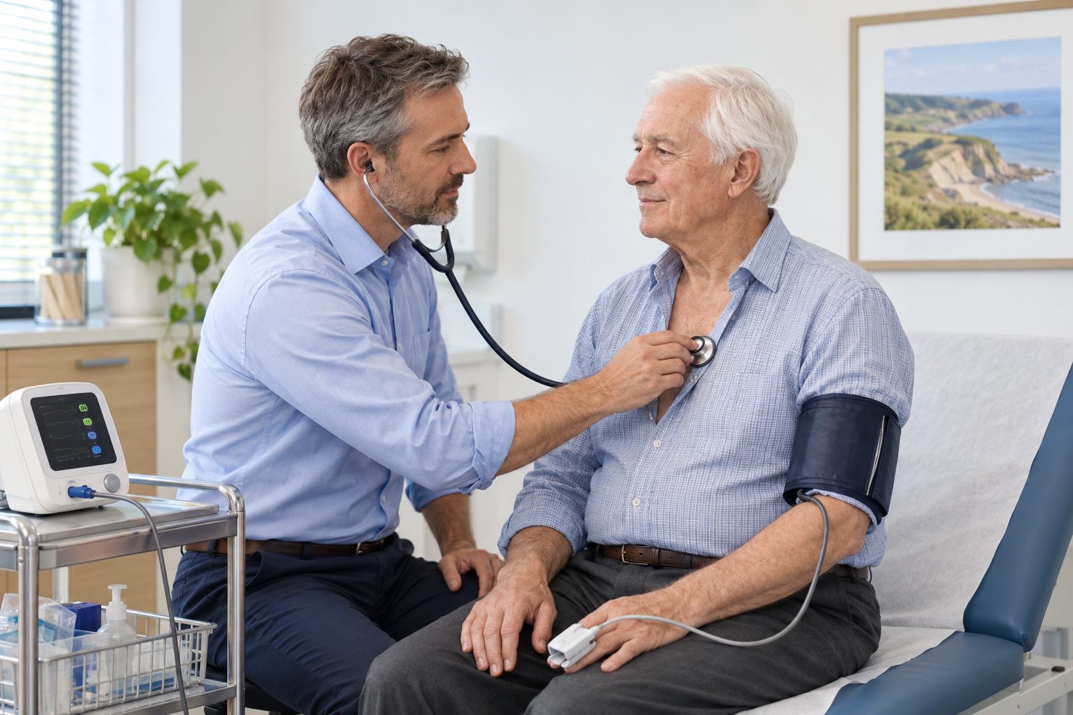 GP checking  male patient with stethescope