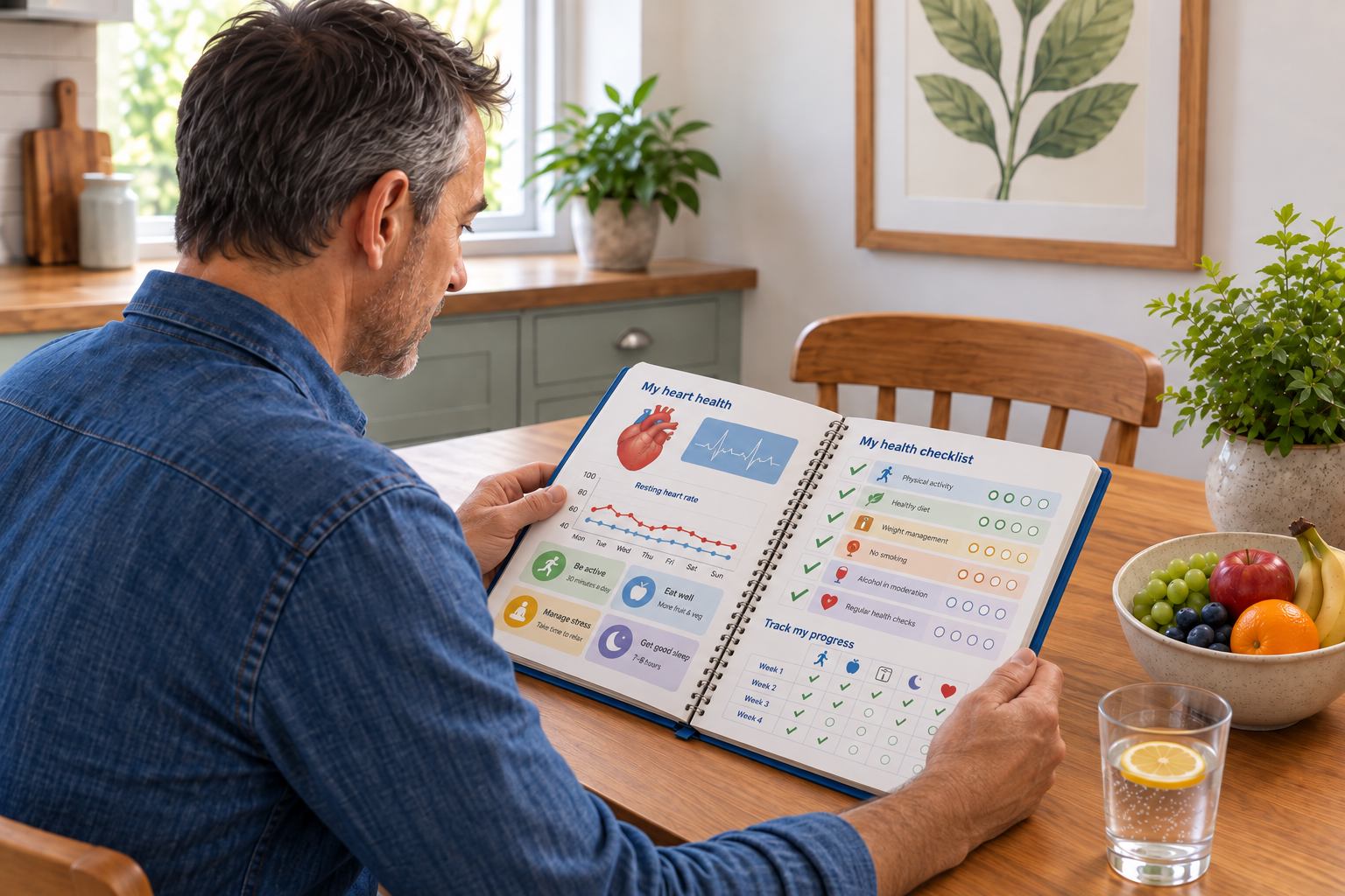 man reading book on heart health