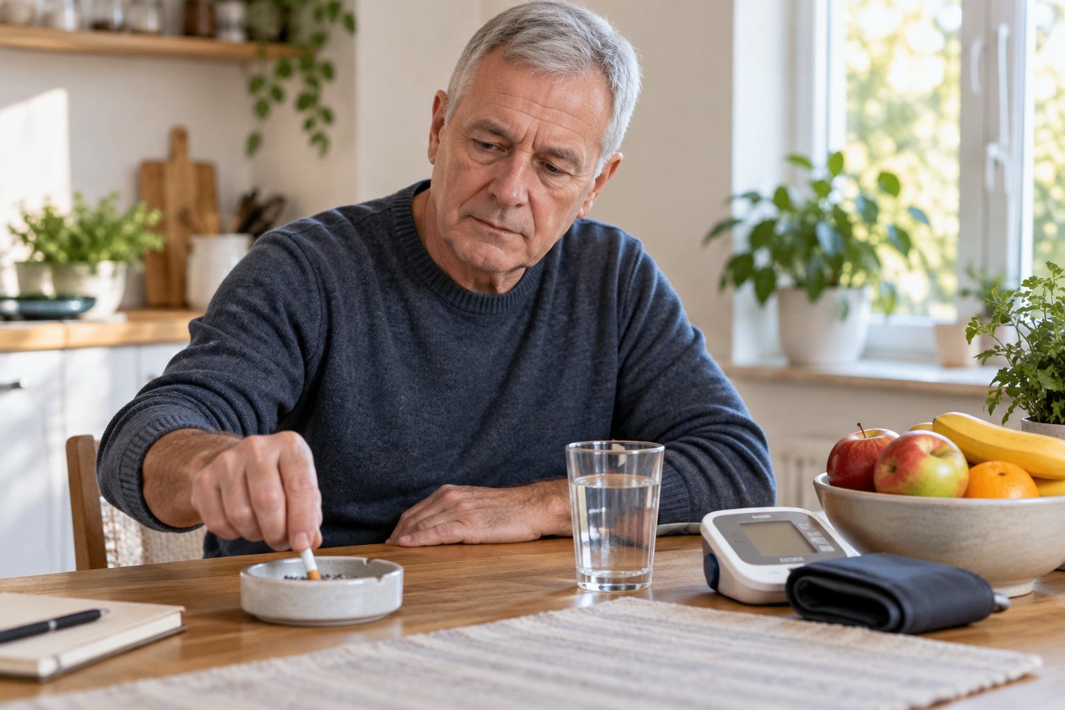 Man at table stubbing out a cigarette