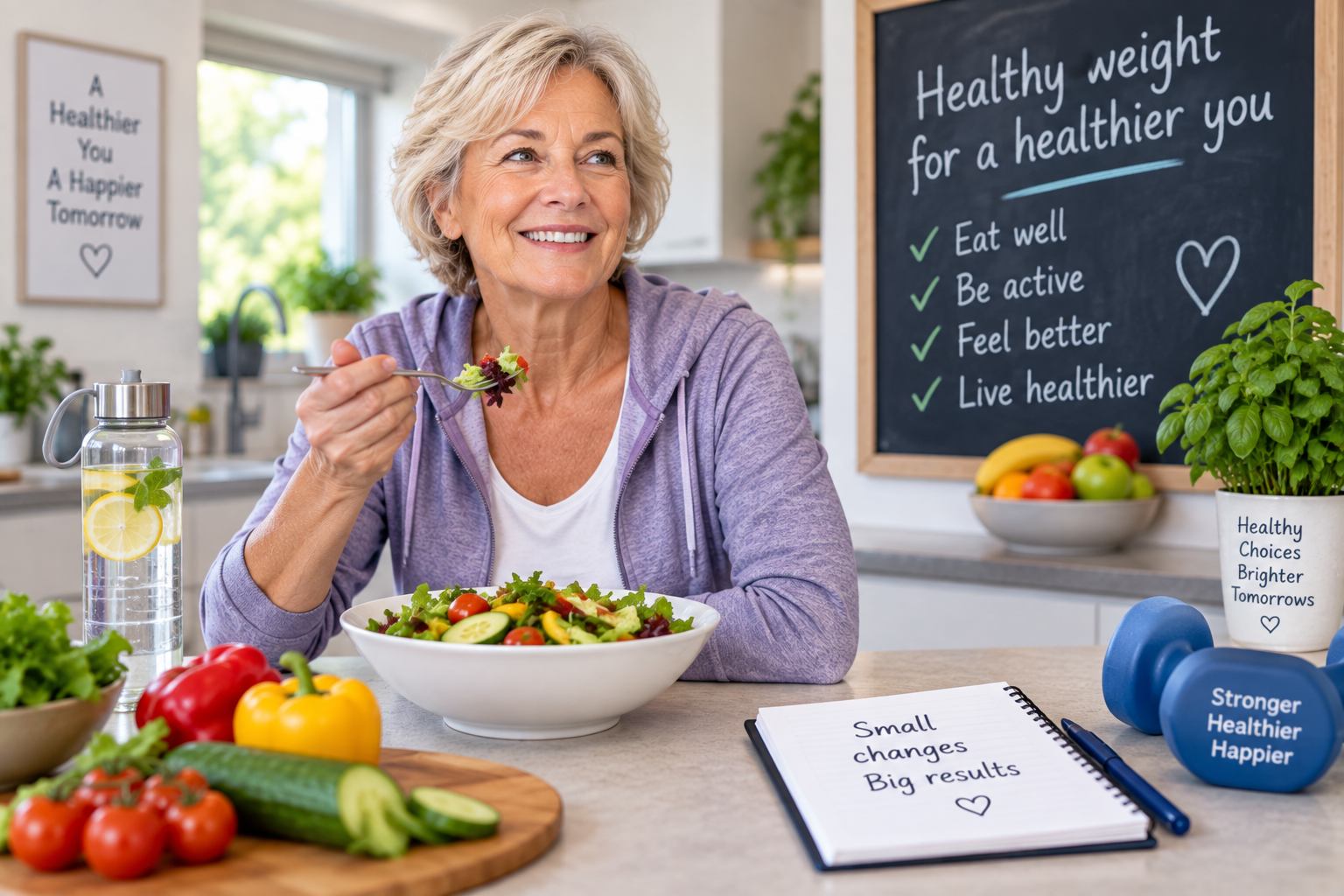 LAdy sitting at a table eating a healthy salad bowl